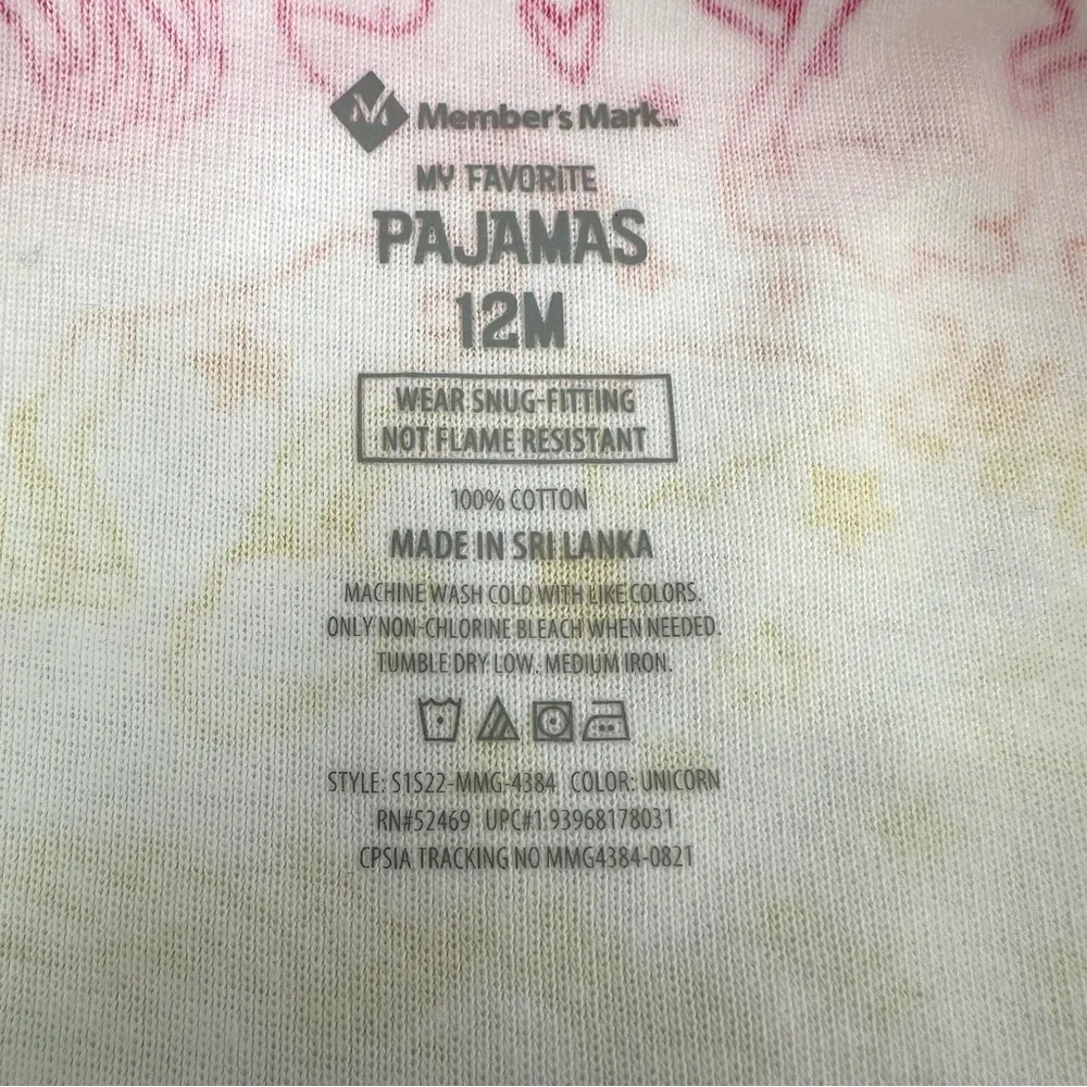 Members Mark Pajama Baby Girls 12 Mos. 1 Pc Unicorn Footed Sleeper Full Zip